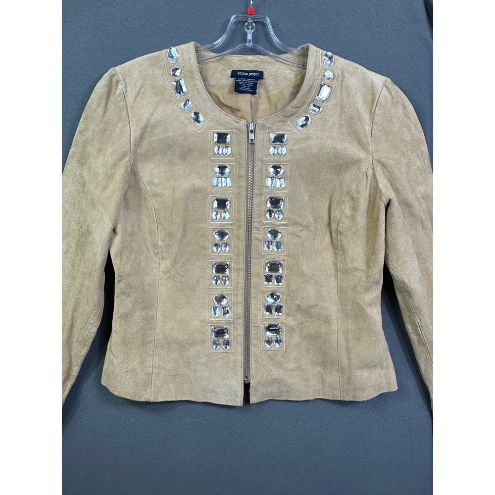 Boston Proper Tan Suede Leather Rhinestone Crystal Embellish Zip Jacket Size 10